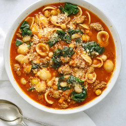 Tomato And White Bean Soup With Sausage, Swiss Chard And Parmesan Broth