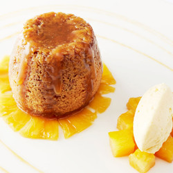 Sticky Ginger Pudding, Marinated Pineapple, Mango Cream And Ginger Beer Syrup