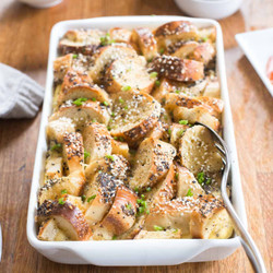 Bagel And Egg Breakfast Bake With Whipped Scallion Cream Cheese