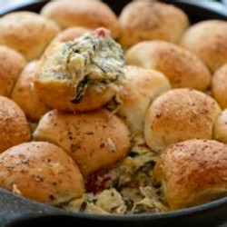 Skillet Roasted Red Pepper Artichoke Dip With Parmesan Garlic Rolls
