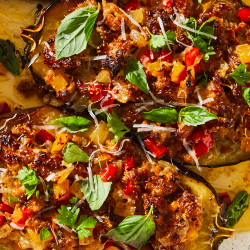 Sausage-and-peppers Stuffed Eggplant