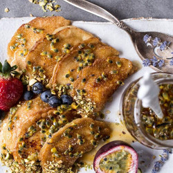 Lemon Ricotta Stuffed Syrian Pistachio Pancakes With Lavender Passionfruit Syrup.