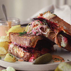 Vegan Reuben Style Sandwich With Beet Pastrami &amp; Quick-pickled Dill Cabbage