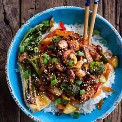 Quick Honey Ginger Pineapple And Summer Veggie Chicken Stir Fry With Caramelized Cashews.