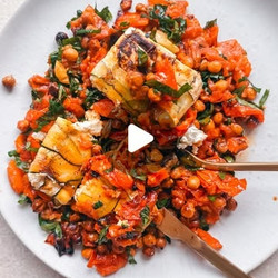 Zucchini and feta with oven-roasted balsamic vegetables and roasted chickpeas