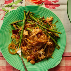 Crab and asparagus glass noodle stir-fry Georgina Hayden seafood