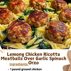 Lemony 🐰 Chicken Ricotta Meatballs Over Garlic Spinach Orzo