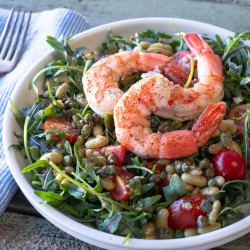 Emily Nunn's Lemony Garlicky Cherry Tomato, White Bean, And Shrimp Salad