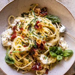 Zucchini Carbonara With Crispy Prosciutto And Burrata