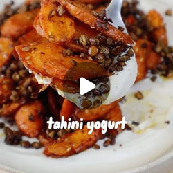 Roasted Carrots And Crispy Lentils On Creamy Tahini Yogurt