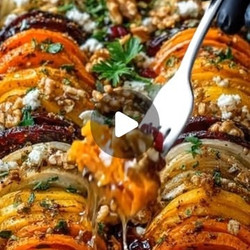 Layered Sweet Potato, Butternut Squash &amp; Carrot Bake With Feta, Honey Glaze