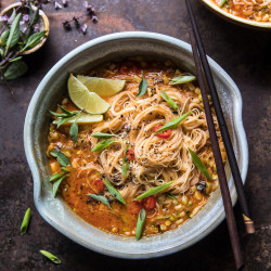 Saucy Coconut Curry With Rice Noodles And Garden Vegetables