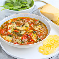 Italian Sausage, Artichoke &amp; Spinach Soup With Parmesan Crisps