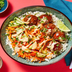 Banh Mi Meatball Bowls With Pickled Veggie Salad, Sriracha Lime Mayo &amp; Ginger Rice
