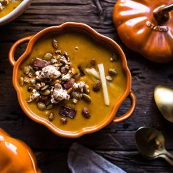 Smoky Pumpkin Beer And Cheddar Potato Soup With Candied Bacon Popcorn.