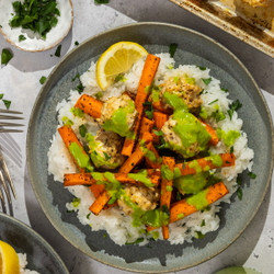 Garlic And Herb Chicken Meatballs With Roasted Carrots And Green Sauce