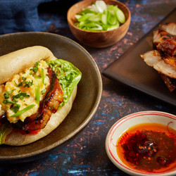 Char Siu Pork Belly Breakfast Bao With Egg And Smoky Tomato Relish