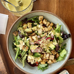 Greens With Pan-seared Sesame Tofu And Ginger-miso Dressing
