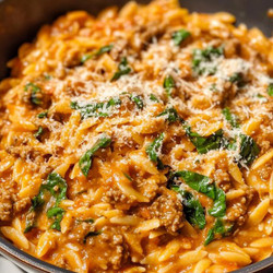 Ground Beef Orzo With Tomato Cream Sauce