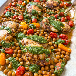 Sheet Pan Chicken Thighs With Cherry Tomatoes, Chickpeas, And Pesto