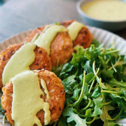 Crispy Tofu Patties Featuring A Creamy Cilantro Sauce