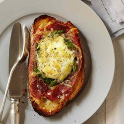 Baked Eggs With Spinach, Asparagus, And Prosciutto