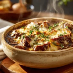 French Onion Beef Stew With Cheesy Bread Topping
