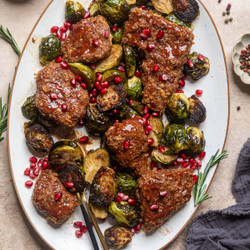 Sheet Pan Baked Pomegranate Tofu With Agave Balsamic Brussels Sprouts