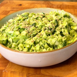 Cabbage And Cucumber Salad With Creamy Avocado Basil Dressing And Tortilla Chips