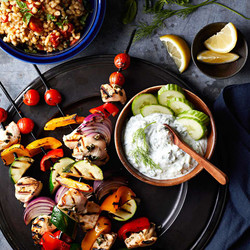 Chicken And Vegetable Souvlaki With Barley Pilaf And Tzatziki
