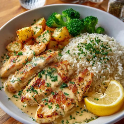 Garlic Lemon Chicken With Cream Sauce, Rice And Greens