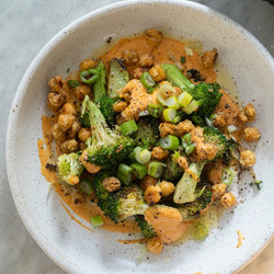 Hetty crispy chickpeas and charred broccoli