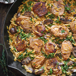 Creamy Pork Tenderloin Medallions With Orzo, Spinach, And Mushrooms