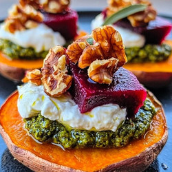 Sweet Potato Rounds With Burrata, Roasted Beets, And Walnut Sage Pesto