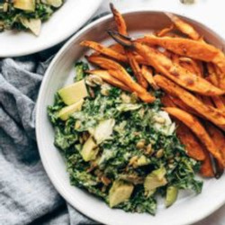 Avocado Kale Caesar Salad + Sweet Potato Fries