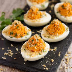 Sriracha Deviled Eggs With Garlic Toast Crumb Topping