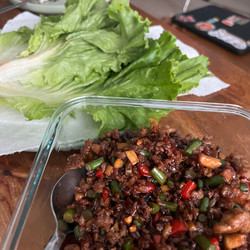 Pork crispy rice lettuce wraps