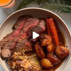 Honey + Mustard Roast Beef With Crispy Roasties, Cheesy Baked Brussels Sprouts, Thyme Roasted Carrots + Honey Mustard Beef Gravy