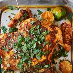 Roast Spatchcock Chicken With Coriander, Red Chilli And Charred Limes