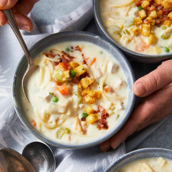 Creamy Chicken Noodle Soup With Mini Croutons