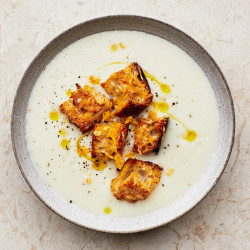 Creamy Cauliflower Soup With Cheesy Mustard Croutons