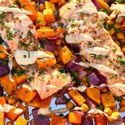 One-pan Maple Salmon With Butternut Squash &amp; Lemon-tahini Sauce