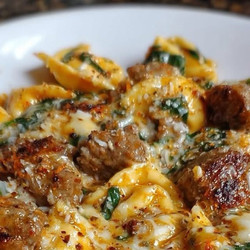 Garlic Butter Tortellini In Creamy Sauce With Beef, Sausage &amp; Spinach