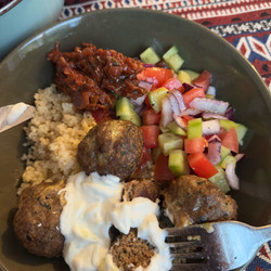 Moroccan Spiced Meatballs With Lemon Garlic Yogurt, Couscous, And Chopped Salad