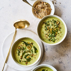 Wild Ramp And New Potato Bisque With Pine Nut Dukkah And Mint Pistou