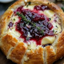 Baked Brie In Bread Bowl With Cranberry Sauce And Thyme