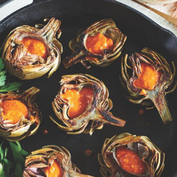 Pan-griddle Artichokes With Fresh Romesco Sauce