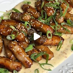 Sticky Honey Mustard Sausages With Honey Mustard Mayo apps snacks sides