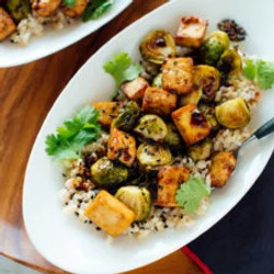 Roasted Brussels Sprouts And Crispy Baked Tofu With Honey-sesame Glaze