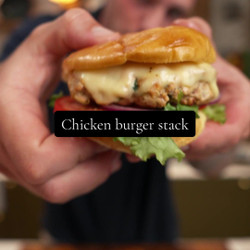 Cheesy Chicken (chicken mince)Burgers With Sriracha Mayo &amp; Crunchy Salad Stack